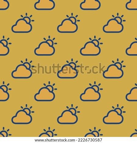 Seamless repeating partly sunny outline flat icon pattern, indian yellow and st. patrick's blue color. Background for online meeting.
