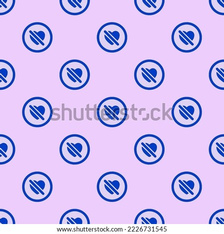 Seamless repeating heart dislike circle outline flat icon pattern, pale lavender and royal azure color. Design for wrapping paper.