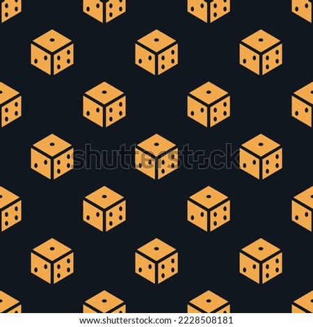 Seamless repeating dice sharp flat icon pattern, dark jungle green and yellow orange color. Design for wrapping paper or postcard.