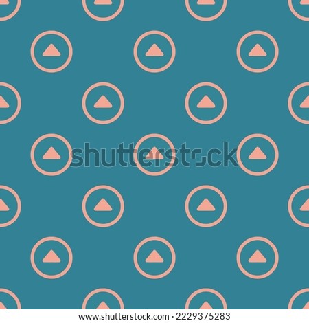 Seamless repeating caret up circle outline flat icon pattern, teal blue and light salmon pink color. Design for wrapping paper or postcard.