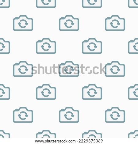 Seamless repeating camera reverse outline flat icon pattern, white smoke and cadet grey color. Design for wrapping paper or postcard.