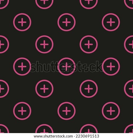 Seamless repeating add circle outline flat icon pattern, dark jungle green and fuchsia rose color. Design for wrapping paper or postcard.