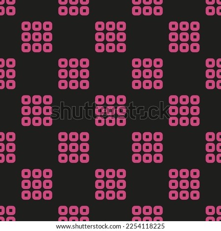 Seamless repeating tiling th small outline flat icon pattern of dark jungle green and fuchsia rose color. Design for postcard.