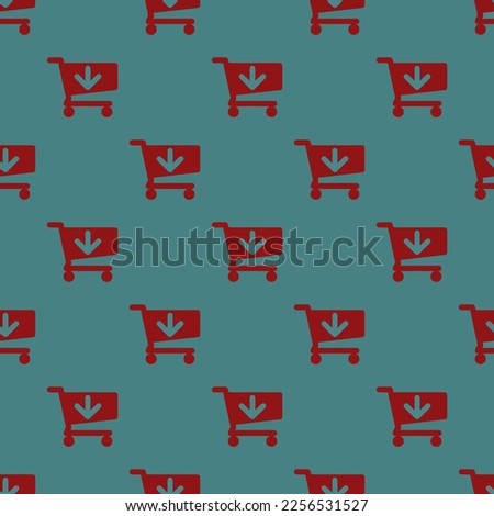 Seamless repeating tiling cart arrow down flat icon pattern of teal blue and ruby red color. Background for story.