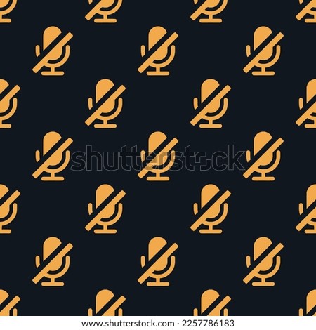 Seamless repeating tiling microphone slash flat icon pattern of dark jungle green and yellow orange color. Two color background.