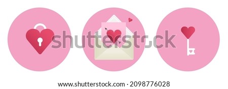 Valentine Day icon set pink color palette. Heart shape lock and key isolated on round pink sticker background. Romantic lovely letter envelope with festive greeting card with heart and arrow vector.