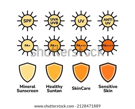 Sunscreen SPF labels for sunblock cosmetic packages. Linear style safety sun protection signs for summer skincare cosmetic products. Sun and shield icon set. Levels of protection PA+ to PA+++.