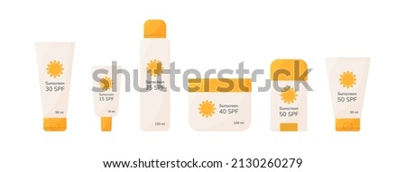 Sunscreen cosmetic bottles set. Different SPF sunblock summer cosmetic: lotion, spray, cream, stick. Anti UV protection, solar skincare products, healthy sunbathing concept. Colorful cartoon vector.