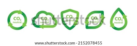 CO2 neutral icon set. Carbon gas emission reduction green labels for packaging design. Ecology, environment, air pollution improvement concept. Flat vector illustration.