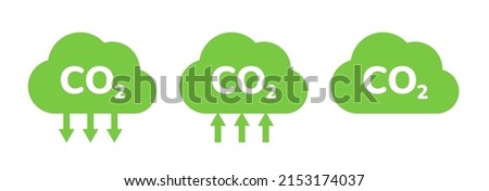 CO2 emission reduction label icon set. CO2 neutral, zero carbon footprint, stop global warming, greenhouse effect. Green ecology environment cloud shape design elements. Flat vector illustration.