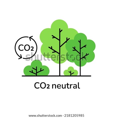 CO2 neutral tree forest line vector illustration. Stop global warming, climate changes, reduce greenhouse gas fumes, zero carbon footprint, carbon circle concept art. Linear style plant and CO2 renew.