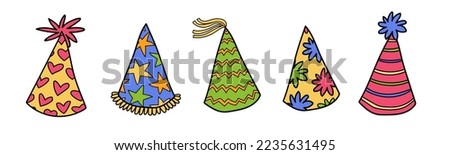 Birthday hat cones doodle vector isolated on white. Colorful bright cartoon stye birthday triangle caps with pom pom, striped, heart and star patterns. Hand drawn childish birthday party stuff decor.