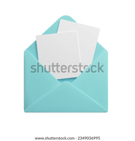 3d paper mail envelope with blank sheet pages isolated on white. Cute 3d open email with empty letter papers inside. Inbox post, mailbox symbol, newsletter, web communication concept.