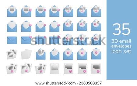 3D email letter envelopes vector icon set! Big bundle of different open and closed 3D mail envelopes with paper letters business documents and notification signs. Cartoon style 3D vector illustration.