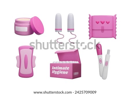 Pink 3D menstruation icon bundle. Cartoon style sanitary pad, menstrual tampon, pregnancy test kit and moisturizer cream 3D render isolated on white. Female intimate hygiene, menstruation healthcare.