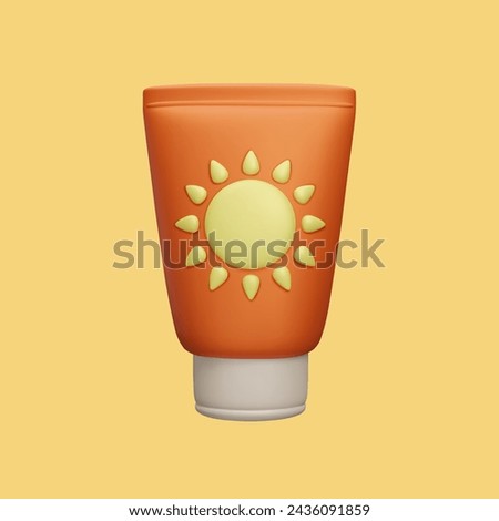 3D SPF sunscreen cream bottle isolated on yellow background. Cute cartoon style 3D summer skincare cosmetic product. Orange sunblock cream packaging design with sun label. UV lights protection.