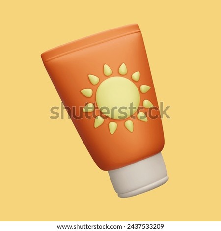 3D SPF sunscreen cream bottle vector illustration. Cute cartoon style 3D summer skincare cosmetic product advertising showcase on yellow sand. Sunblock UV protection treatment healthy suntan.
