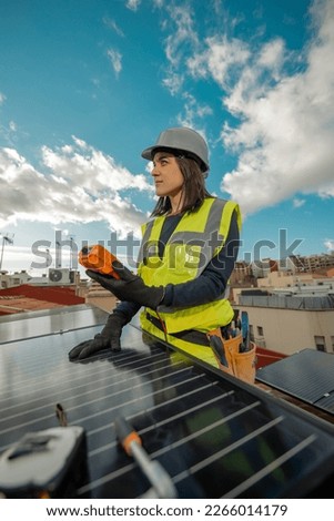 Similar – Foto Bild Unerkennbarer Ingenieur am Solarpanel