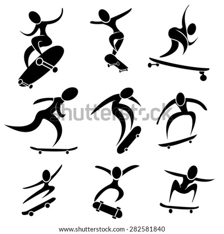 Set of skateboard icon in extreme action, jump on air with many movement.  vector sport signs and symbols