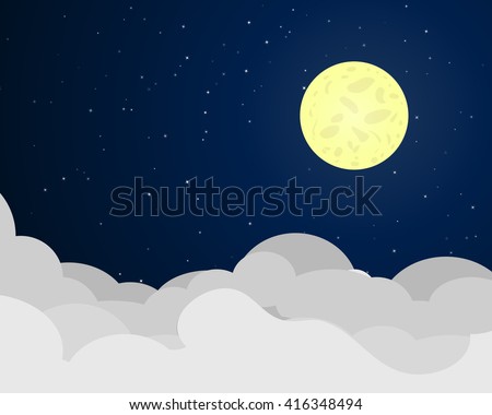 Cloudscape at night with full moon, vector
