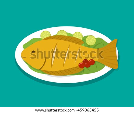 Top view fish fry on white plate, vector food