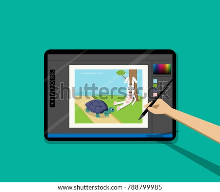 Point of view, Kid painted cartoon on tablet by pen, vector