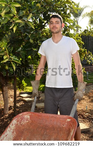 Man holding garden tools/Man working in Garden/Man working in his garden during the early morning