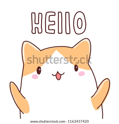 Cute vector illustration. Kawaii Anime cat  Hello