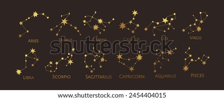 Constellation Vector illustration. Zodiac sign. Gold stars. Line art tattoo, Spirituality magic