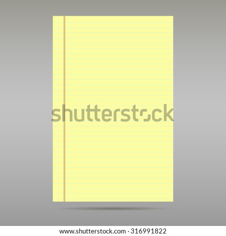 Sheet of ordinary yellow ruled exercise paper on gray background