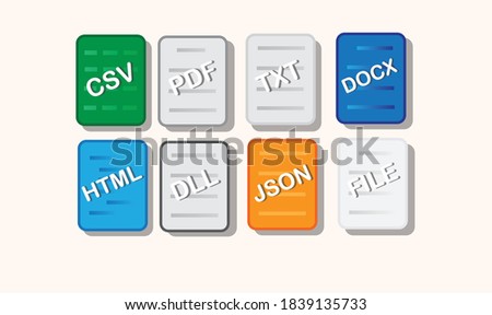 Set flat icons illustration with outline styles of pdf, txt, csv, doc, html, dll, json, file. suitable for websites and apps backgrounds vector concept.