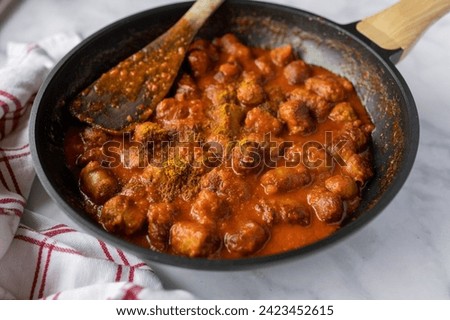 Similar – Foto Bild Würstchen mit Currysoße und Pommes Frites