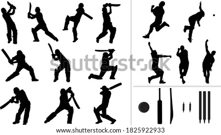 Large collection of silhouettes of cricket player - batsman, bowler & cricket elements.