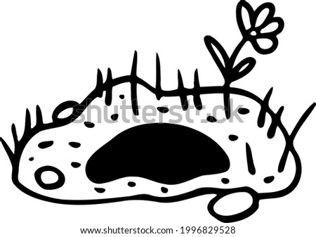 Burrow entrance in grassy hill. Hand-drawn fox hole. Wolf Lair. Black Doodle of bear den in ground. Cartoon dwelling of wild forest animals. Vector illustration at home for kids educational books.