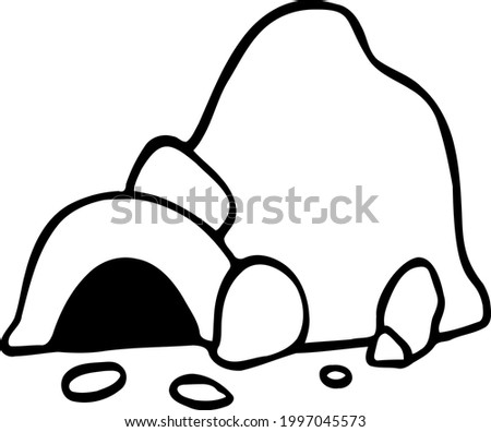 Doodle cave in mountains. Hand-drawn animal lair, den in national park. Black line art of pirate hiding place, primitive dwelling. Vector cartoon illustration at cozy home for kids educational books. Photo stock © 