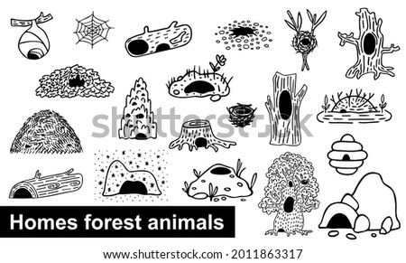Forest animals homes big set. Black doodle woodland dwellings. Den, tree hollow, den, burrow, nest, cave, beaver dam, hole, anthill, termite mound, beehive, vespiary, cobweb. Нand-drawn wildlife house Photo stock © 