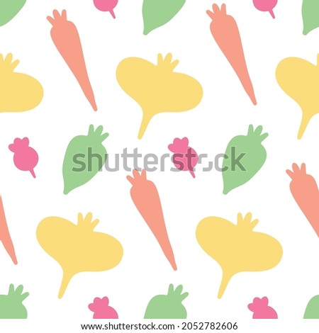 Vegetable seamless pattern. Summer garden ornament. Bright veggies on white background. Cute vegan healthy food texture. Yellow turnip, pink radish, orange carrot, green rutabaga. Flat silhouette.