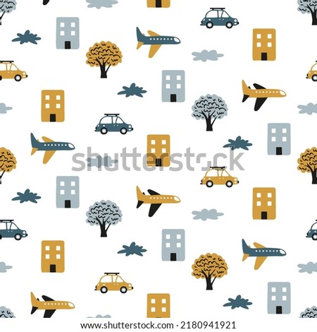 Cars, planes for children's background. City transport in Scandinavian style. Seamless baby pattern on white for backdrop. Cartoon vehicle, jet, house, tree for Infant textile. Cute nursery wallpaper.