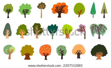 Set of cartoon summer forest trees for kids products. Hand-drawn oak, apple tree, spruce. Large natural collection of grove. Flat vector illustration by freehand. Doodle clip art forestry landscape.