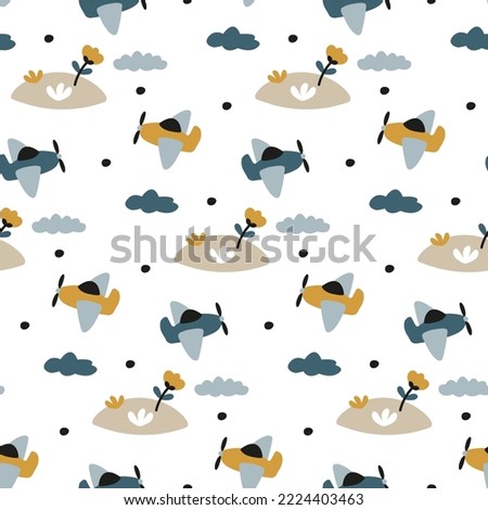 Funny planes for kids fabric print. Transport flies over earth, cloud for little boys. Scandinavian children's pattern with airplane on white background. Cute aircraft texture for baby product design.