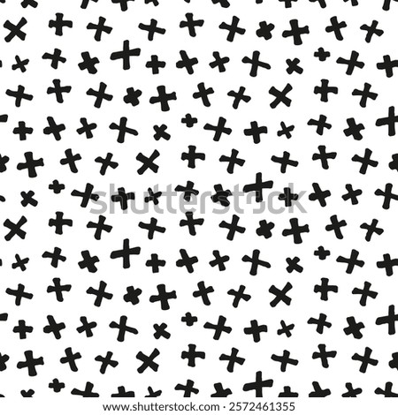 Abstract background with handwritten crosses. Simple pattern from freehand. Seamless repeating black and white hand drawn texture. Doodle from simple mark shapes.  Vector space-filling illustration.