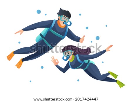 Male and female scuba diving and snorkeling illustration