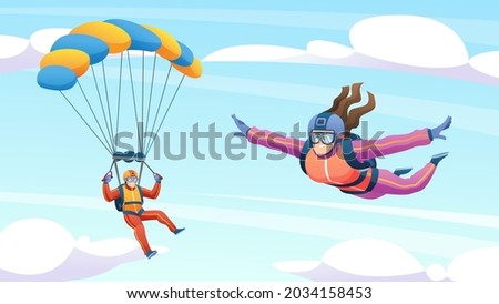 People skydiving and parachuting in the sky cartoon illustration