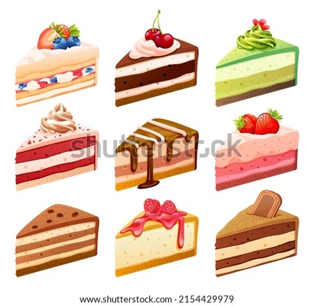 Set of various colorful cake slices cartoon illustration