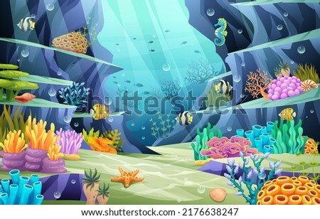 Undersea ocean world illustration. Underwater life with fishes and coral reefs on a blue sea background 商業照片 © 