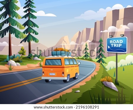 Road trip vacation by car on mountain highway with rocky cliffs view concept cartoon illustration