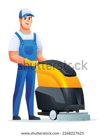 Cleaning service man with scrubber machine. Male janitor cartoon character