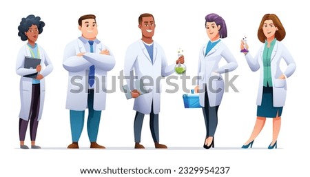 Set of man and woman scientist characters in cartoon style