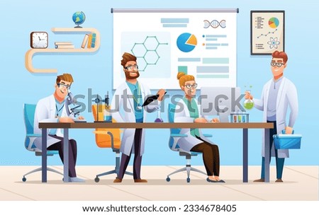 Group of scientists conducting experiments in science laboratory. Scientific research concept. Vector cartoon illustration