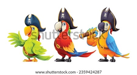 Set of cute pirate birds cartoon illustration isolated on white background